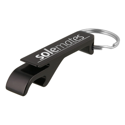 Aluminum black bottle opener with custom laser engraved imprint.